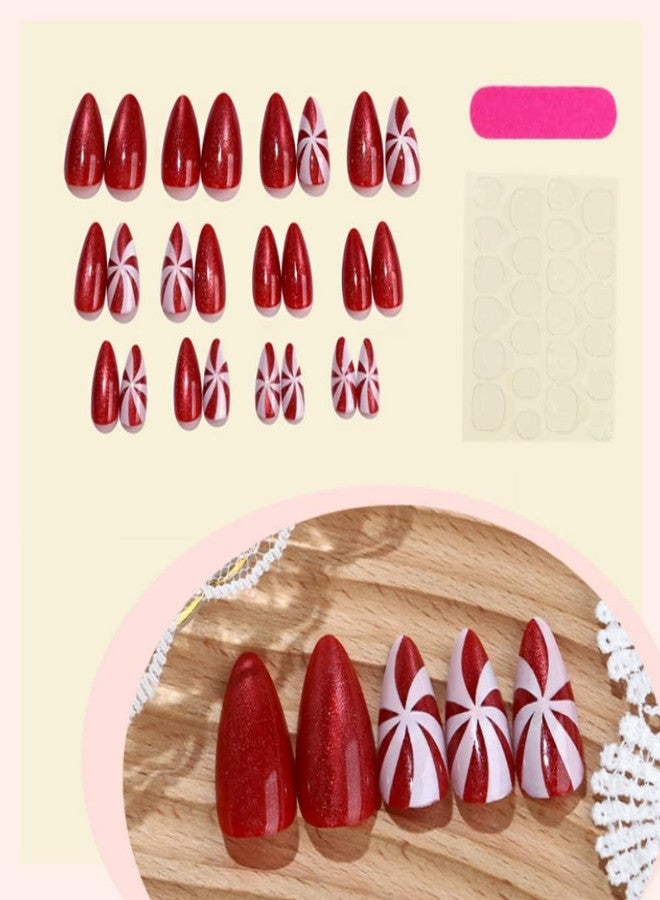 Sevgob Christmas Press on Nails Medium Almond Nails Press on with Cute Candy Design Glossy Red Glitter Glue on Nails Cat Eye False Nail Reusable Full Cover Winter Xmas Fake Nail for Women Manicure 24Pcs - Image 2